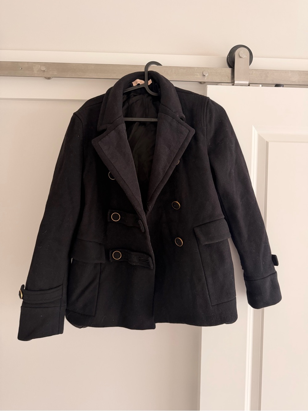 Sandro Black Double-Breasted Wool Peacoat